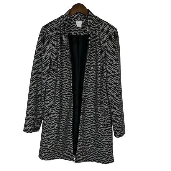 Chico's Black White Open Front Stretch Longline Blazer Jacket Sz 2‎ (L) Office - Picture 1 of 11
